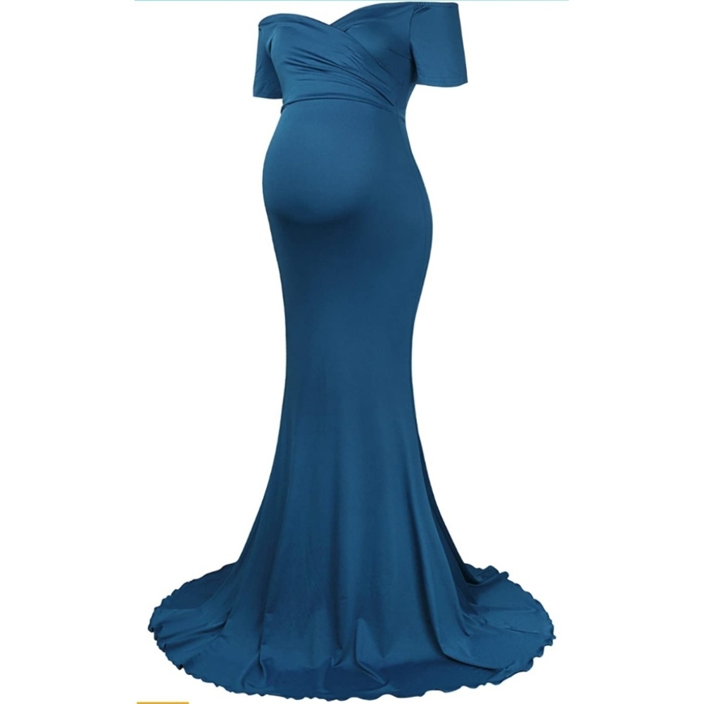 Molliya Maternity Off The Shoulder Teal Denim Blue Maxi Dress Size Small Nwt
